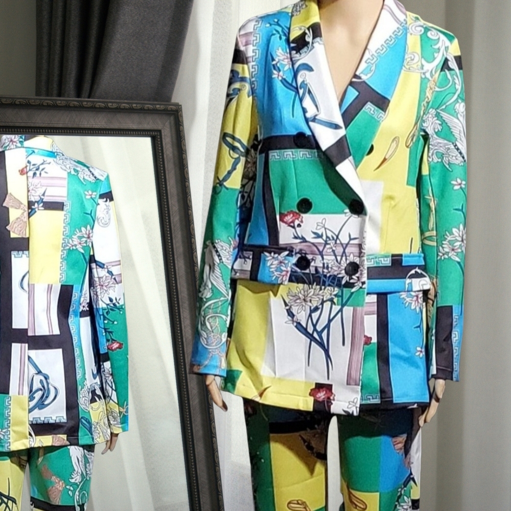Casual Blazer and Pants Set (Green Multi-Print) available in Plus Sizes